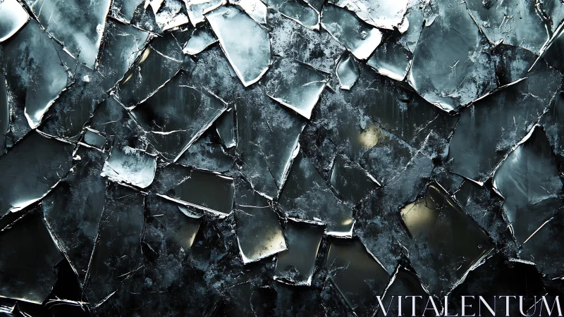 Abstract close-up of broken glass shards in dark modern style.