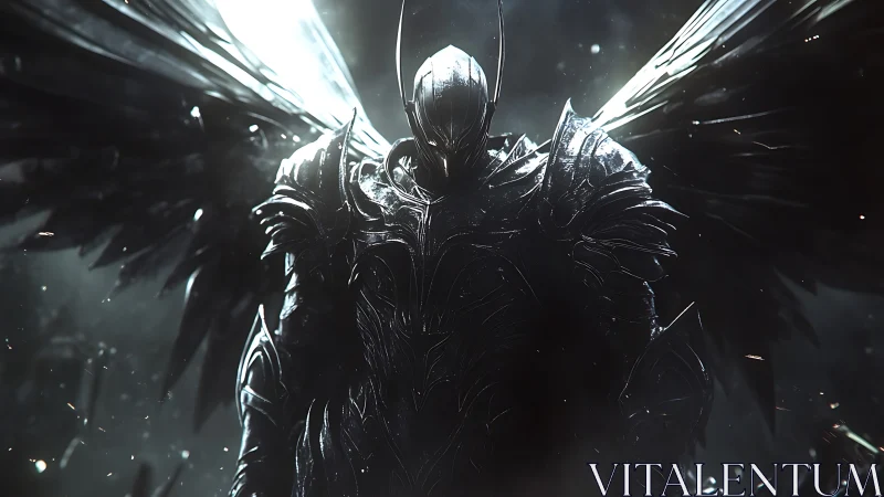 Midnight warborn seraph spreads iron wings in stormlight.