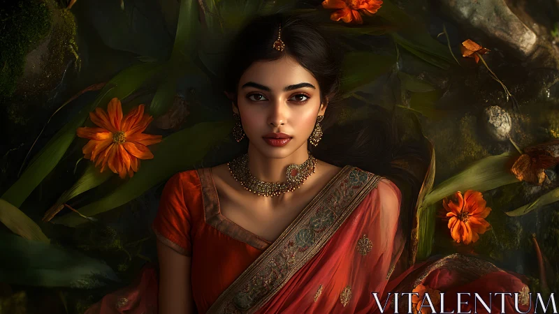 Elegant woman in traditional attire surrounded by flowers, cinematic portrait.