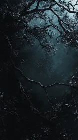 Nocturnal tree canopy descends over murky teal forest void