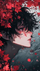 Red leaves frame melancholic youth in reflective water