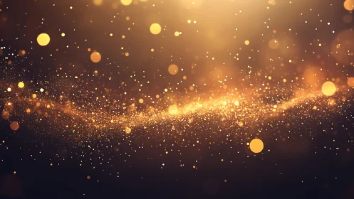 Abstract golden glitter and bokeh lights on dark background, digital art.
