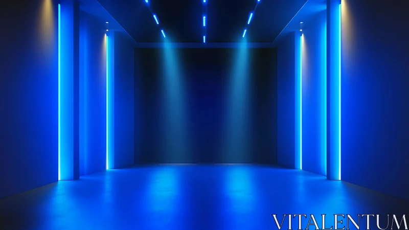 Neon-lit minimalist corridor with axial blue light columns.