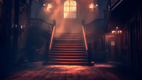 Volumetric-lit grand staircase in dimly rendered Victorian foyer