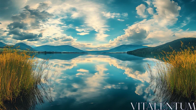 Sky-drunk lake mirrors restless clouds between golden reeds