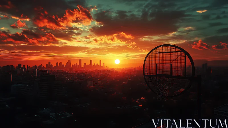 Rooftop hoop silhouette against blazing urban sunset sky.
