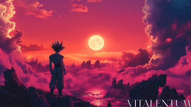 Figure observes stylized alien seascape under large setting sun