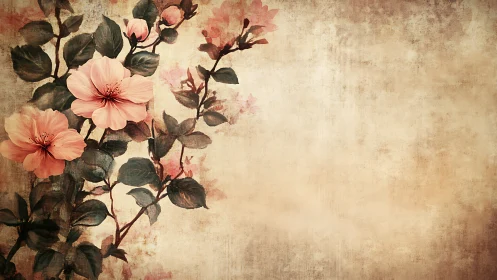 Soft peach blossoms lean into a warm vintage backdrop.
