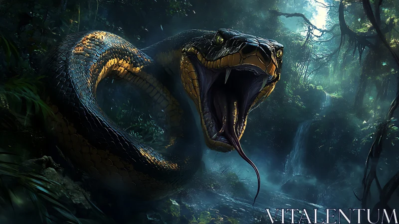 Digital painting of a lunging anaconda in misted rainforest.