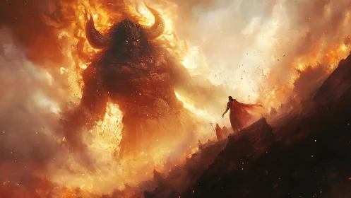 Infernal titan confronting cloaked wanderer in burning rift.