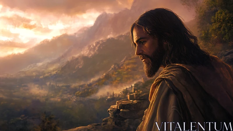 Contemplative robed figure watches a dawnlit mountain valley