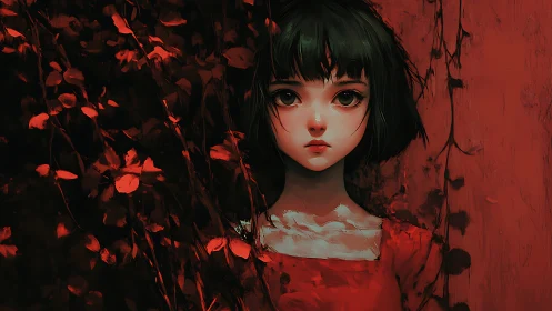 Solitary girl emerges from scarlet foliage in painterly chiaroscuro