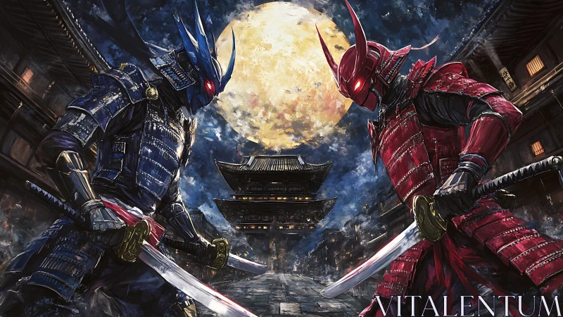 Cyber samurai duel under full moon in ancient street.