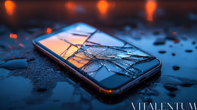 Photorealistic close-up of shattered smartphone on wet surface.