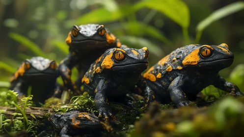 Curious orange-spotted frogs gathered on lush forest floor.