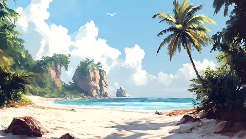 Tropical Island Beach with Rocky Cliffs.