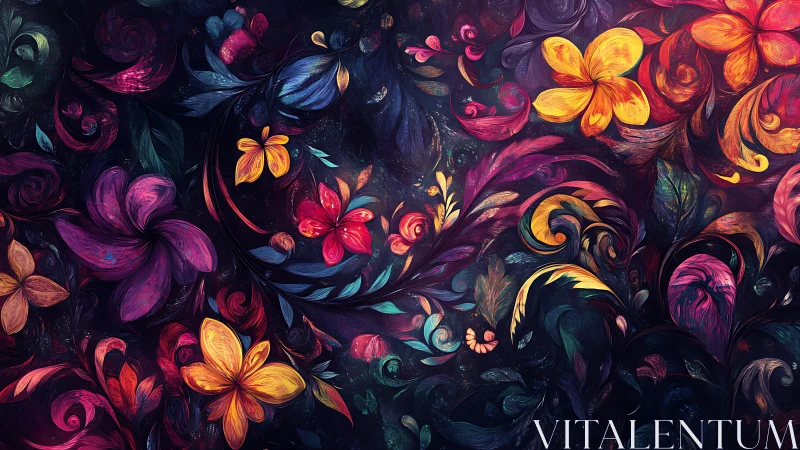 Vibrant Floral Baroque Composition with Luminous Blooms Against Dark Background