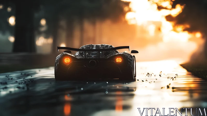 Sunlit supercar gliding along a rain soaked forest road.