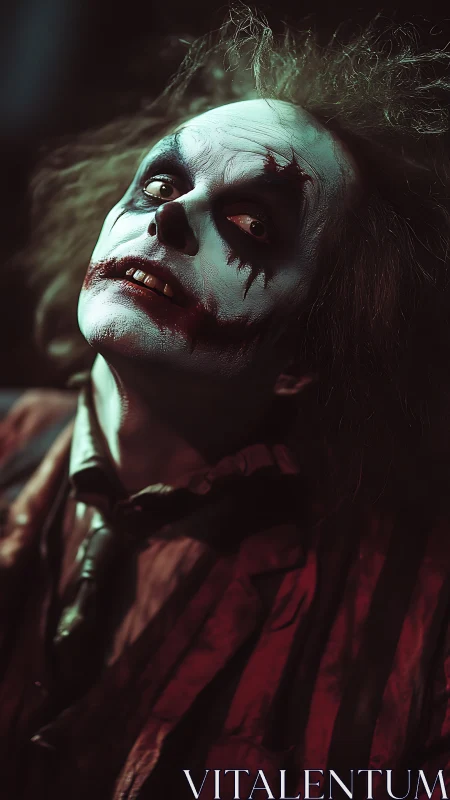 Midnight clown with wild grin and eerie striped suit.