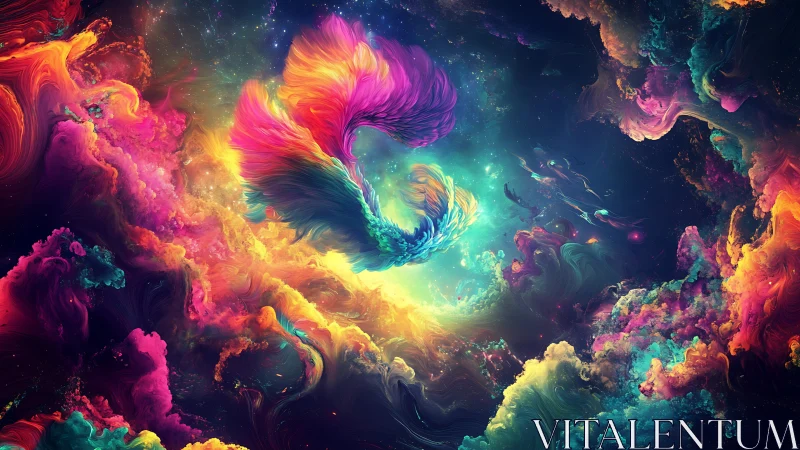 Multicolored nebulous forms in abstract cosmic environment.