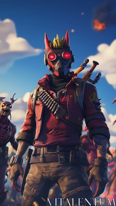 Postapocalyptic fox-masked warrior facing undead horde.