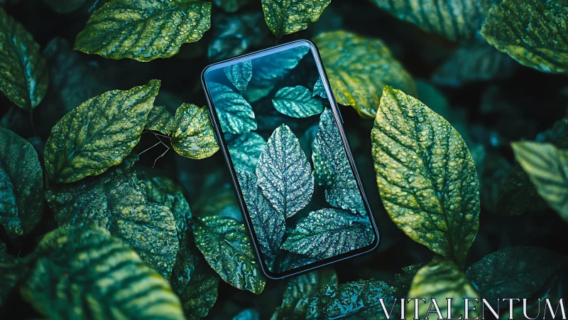 Smartphone screen mirroring lush green foliage in forest.
