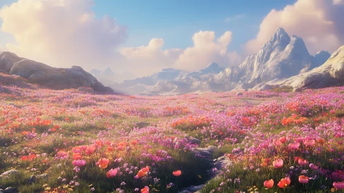 Sunlit wildflower meadow below distant snowy peaks.