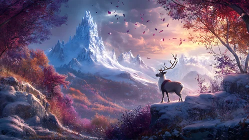 Majestic stag in luminous alpine fantasy landscape composition.