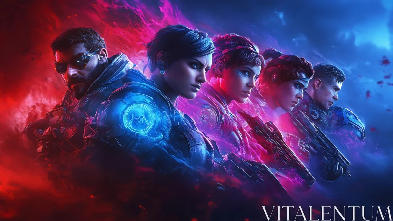 Bold sci fi squad stands united in glowing red and blue light