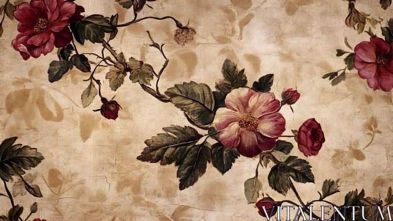 Vintage crimson florals over distressed parchment ground.