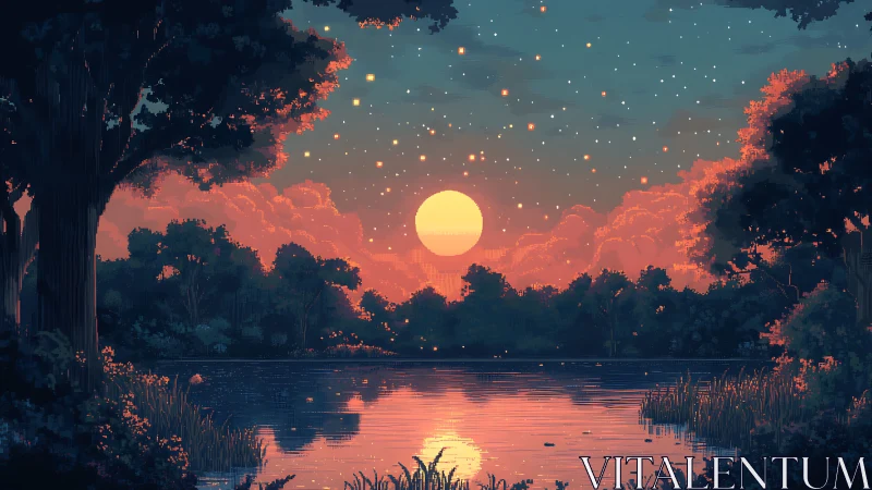 Glowing sunset settles gently over a quiet pixel forest lake