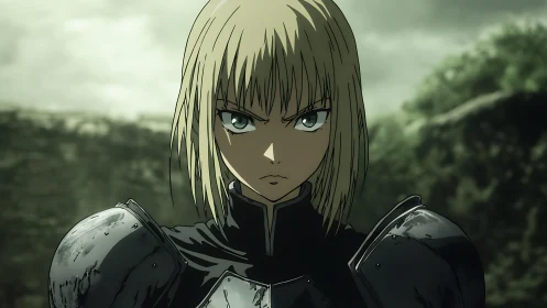 Armored blonde warrior stares forward with intense resolve
