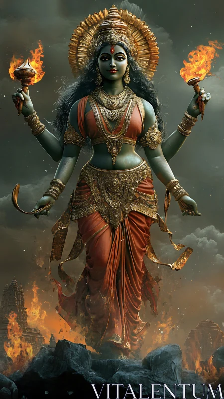 Fiery goddess strides through stormlit sacred ruins.