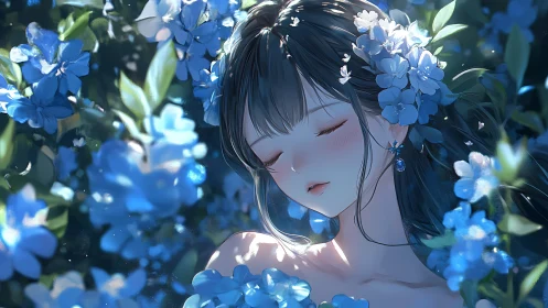 Nocturnal floral immersion with softly lit anime portrait.