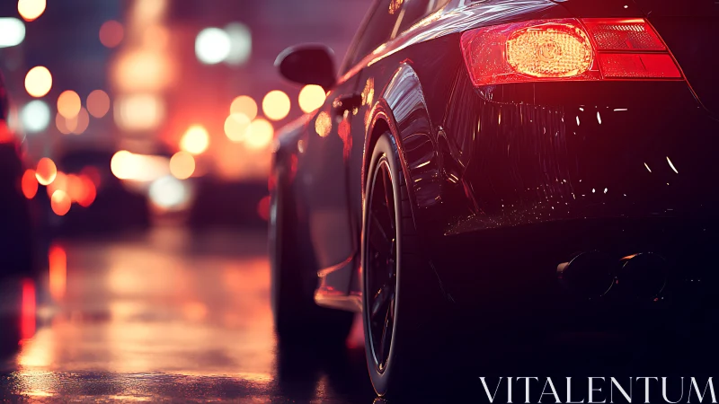 City streets glow softly around a sleek parked sports car