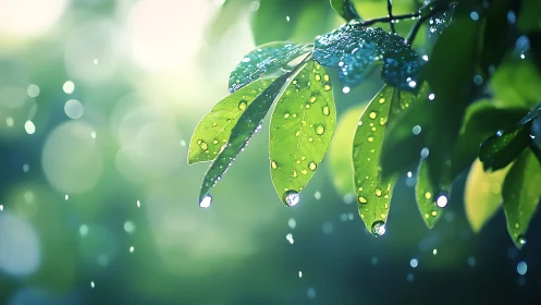 Gentle rain-kissed leaves glowing in soft forest light.