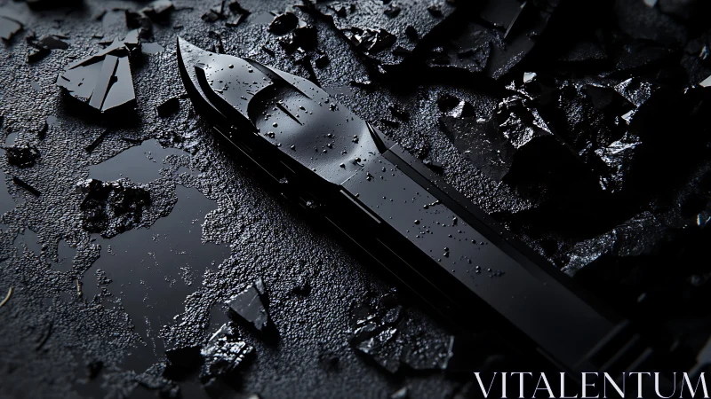 Sleek black utility knife on wet shattered surface at night.