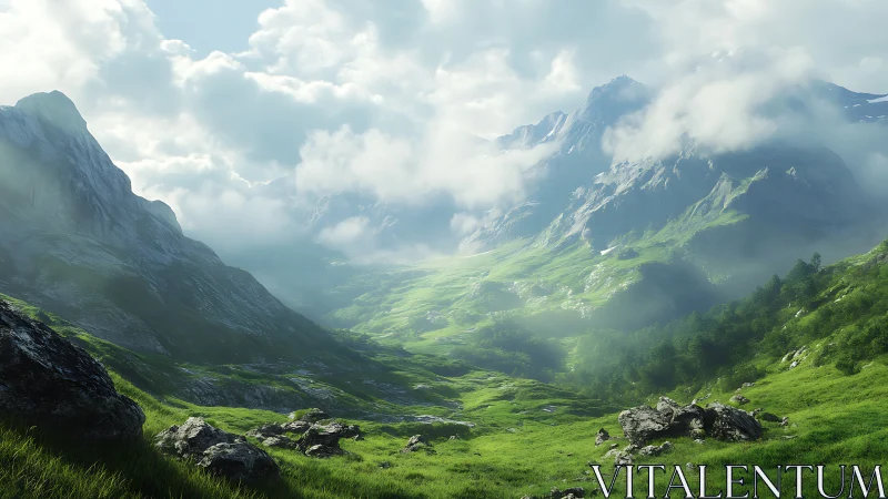 Photoreal alpine valley with misted peaks and soft skylight.