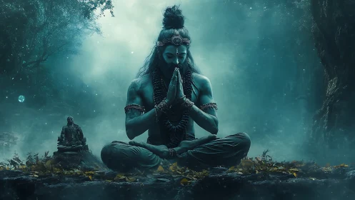 Blue-skinned ascetic meditating in volumetric forest fog field