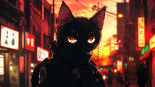 Neon-eyed black cat operative in dusk-lit city streets.