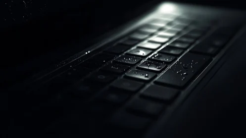 Close-up of wet laptop keyboard in low directional light.