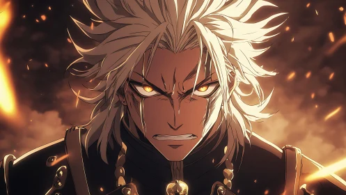 Dynamic anime warrior portrait with fiery dramatic lighting.