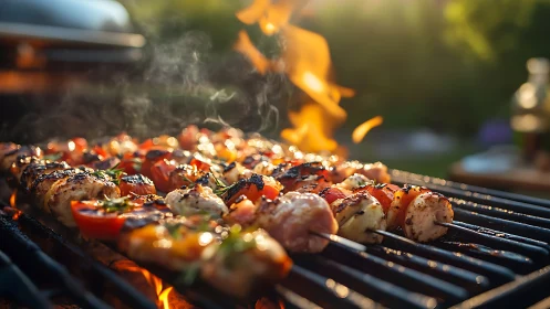 Sunlit skewers and runaway flames crown a summer grill.