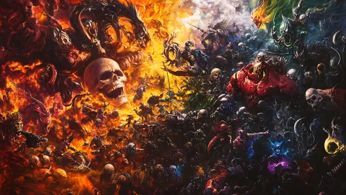 Central figure divides infernal skeletal battle across color fields