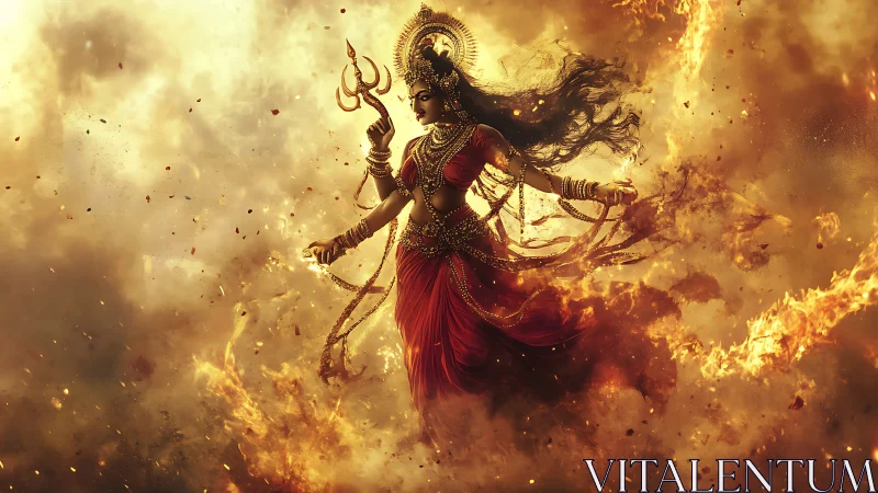 Fiery warrior goddess in dynamic mid-air stride with trident