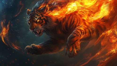 Inferno tiger leaps through stormlit embers and shadowed sky.