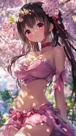Anime girl stands under cherry blossoms in detailed lighting