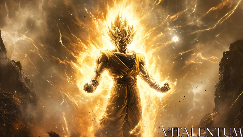 Blazing warrior stands in a storm of golden cosmic power
