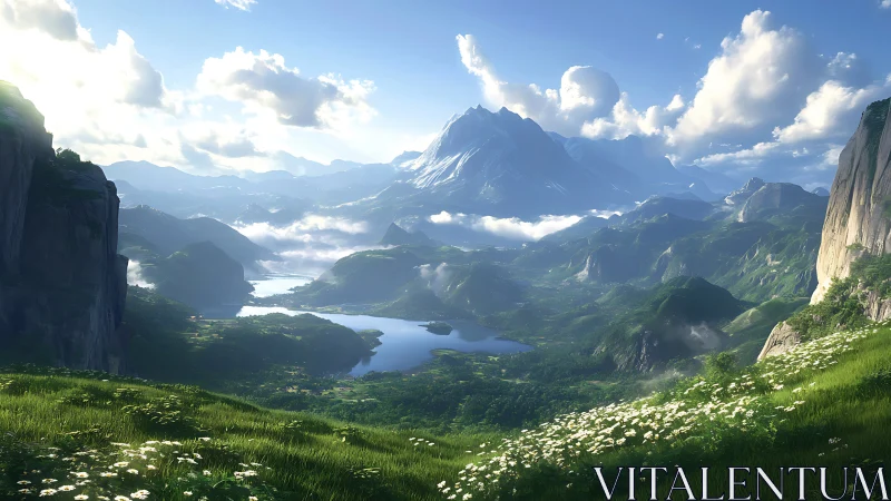 Sunlit fantasy valley opens toward misty blue mountains