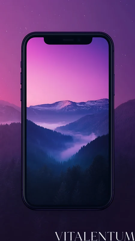 Twilight mountains framed inside a dreamy glowing phone.